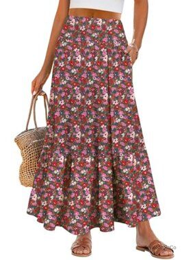 100% Rayon Maxi Skirt High Waisted Tiered with Pockets